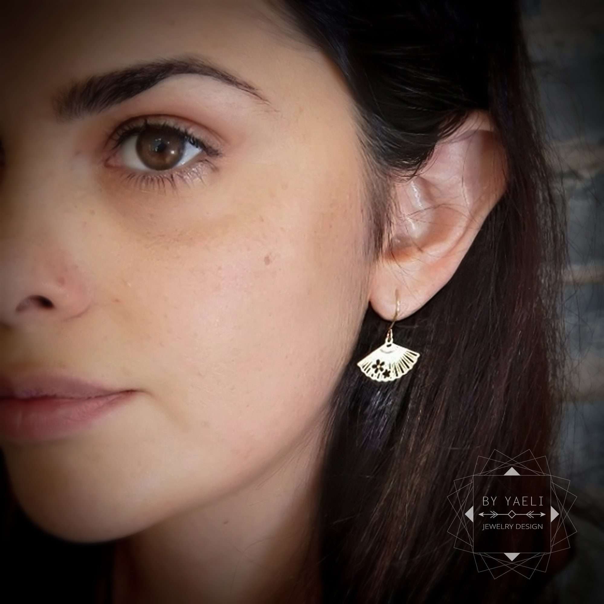 Fan earrings fan dangle earrings gold Japanese fan drop earrings