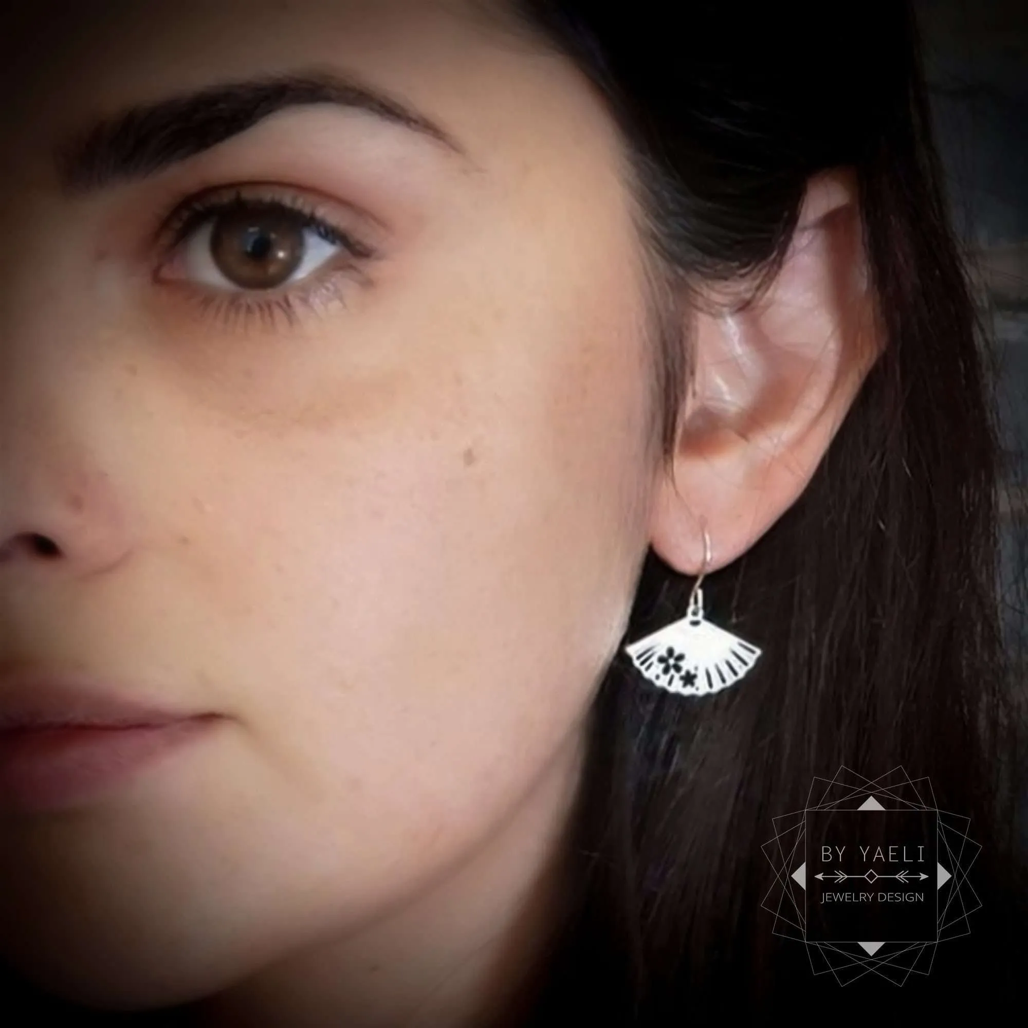 Fan earrings Japanese fan dangle earrings silver fan drop earrings