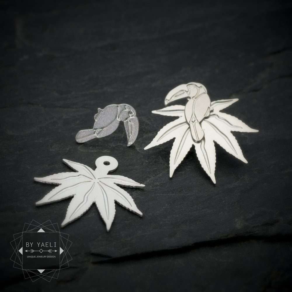 Leaf earrings silver leaf ear jackets earrings leaf and toucan earrings post earrings bird earrings