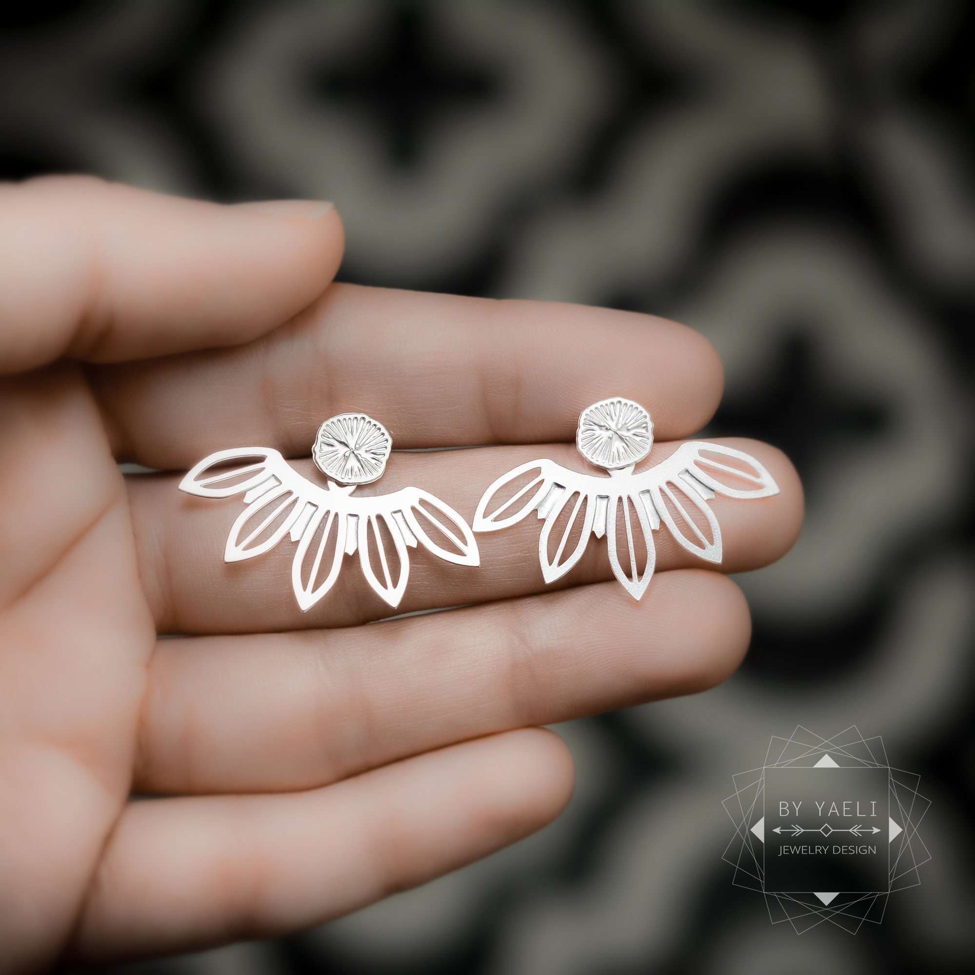 Floral ear jacket earrings, leaf botanical silver earrings