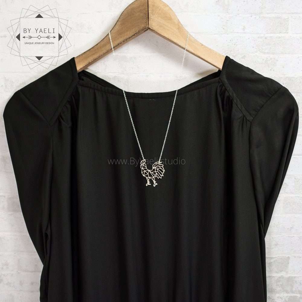 Rooster necklace silver rooster pendant geometric origami rooster