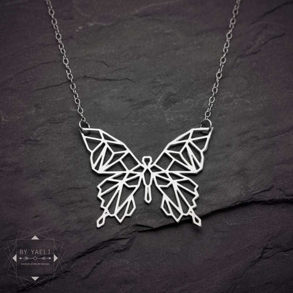 Butterfly necklace geometric silver origami butterfly pendant
