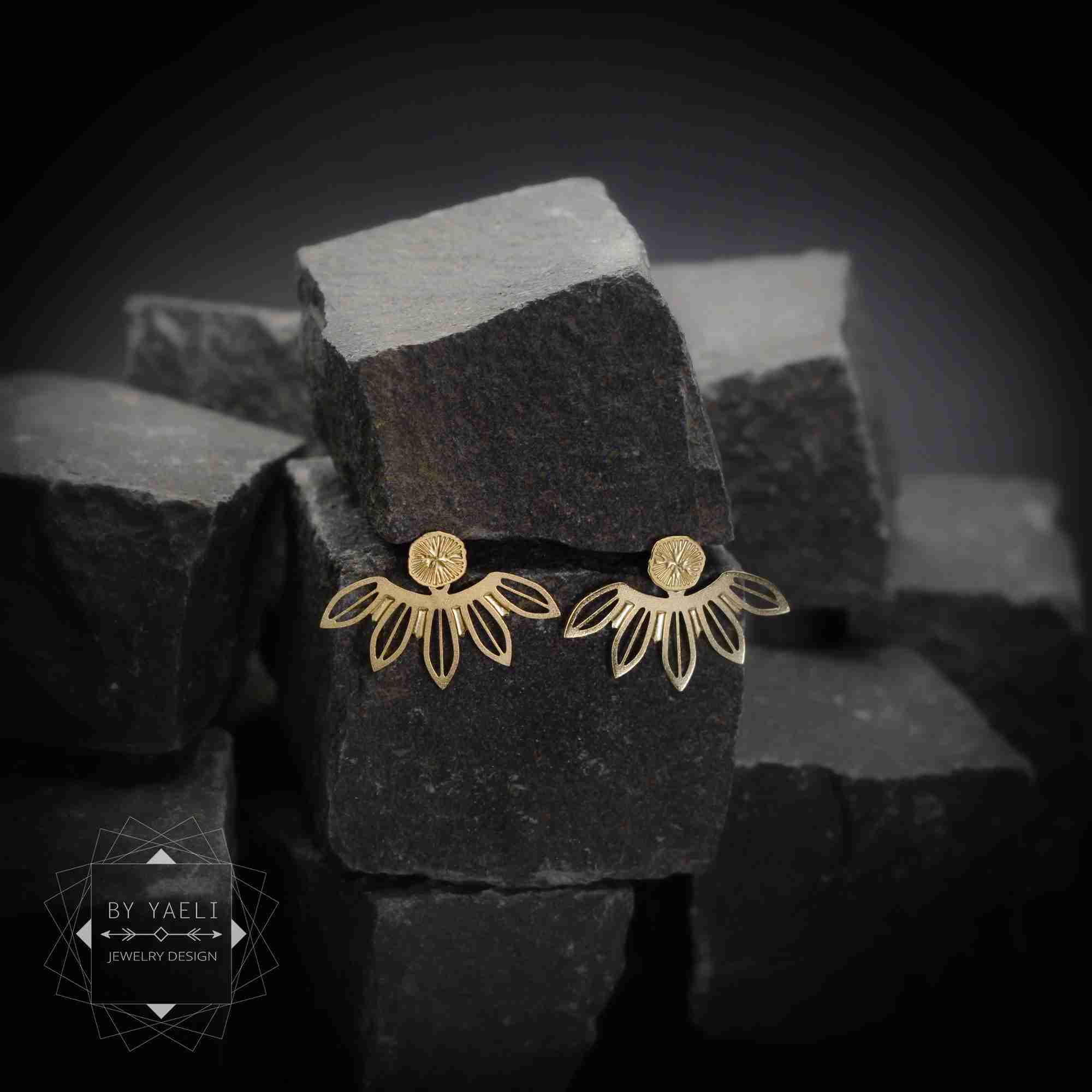 Home 19 Ear jacket, flower earrings botanical gold floral leaf earring jackets
