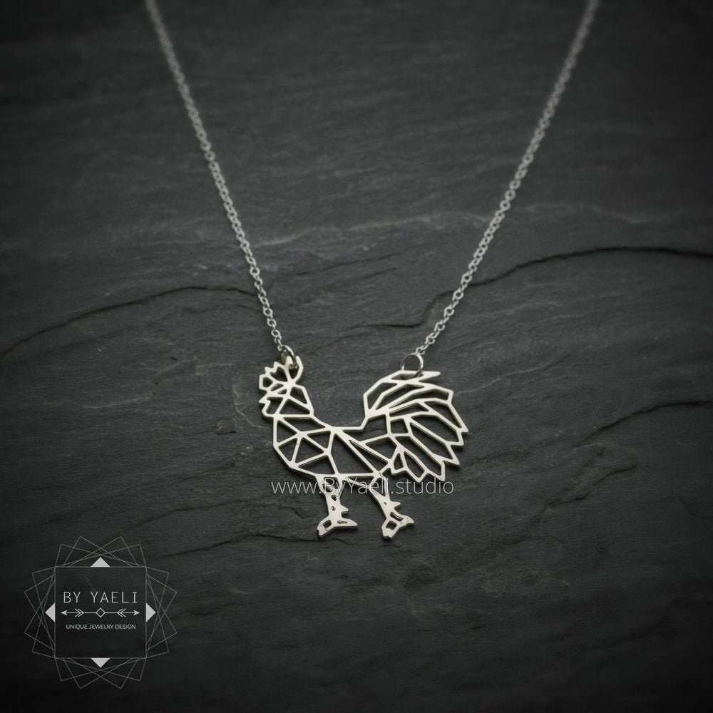 Rooster necklace silver rooster pendant geometric origami rooster