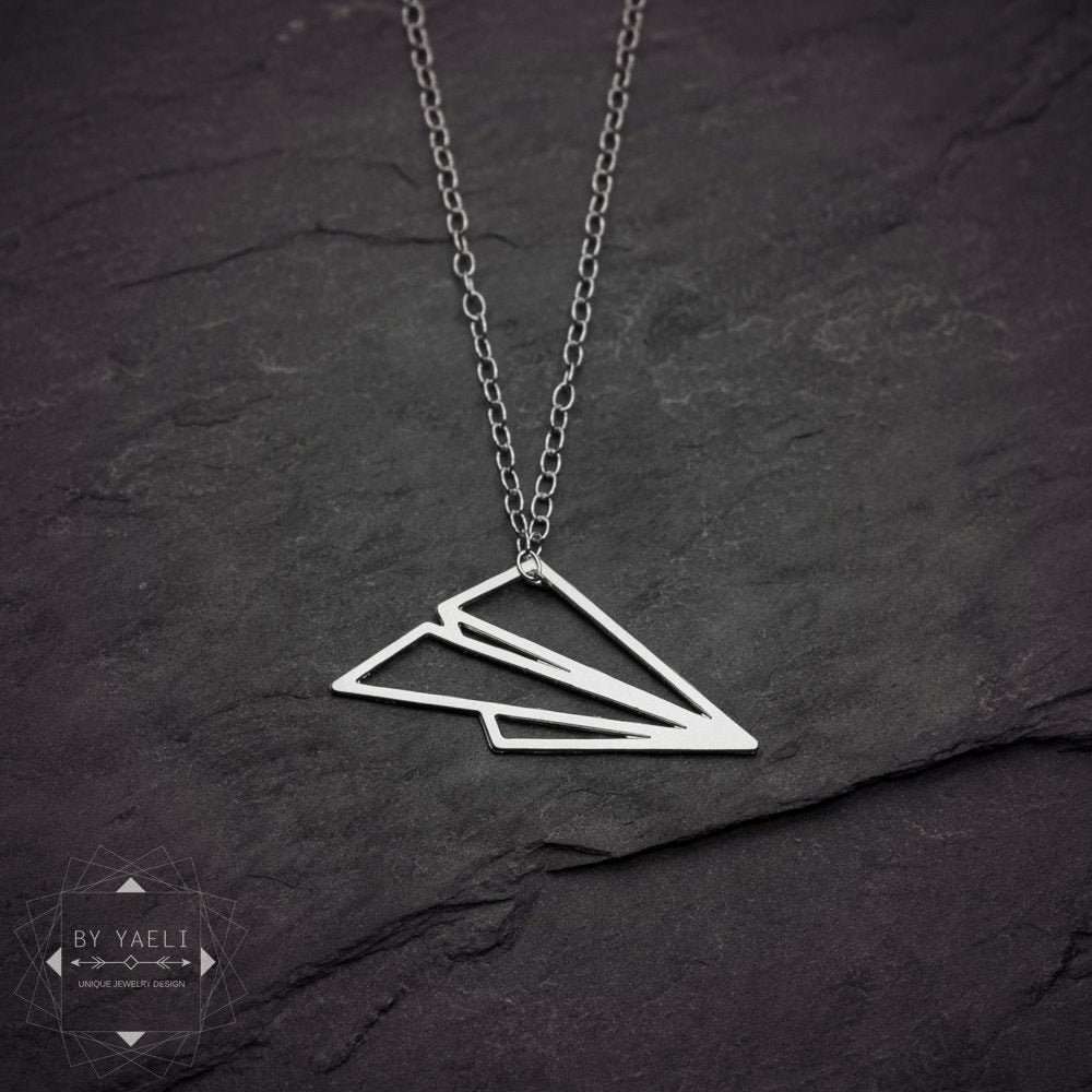 Airplane necklace origami air plane necklace silver geometric paper plain necklace