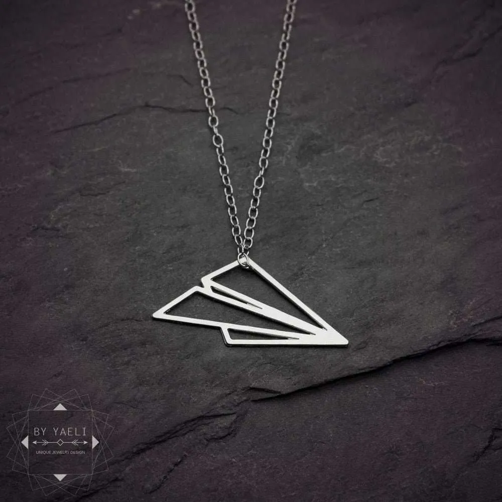 Airplane necklace origami air plane necklace silver geometric paper plain necklace