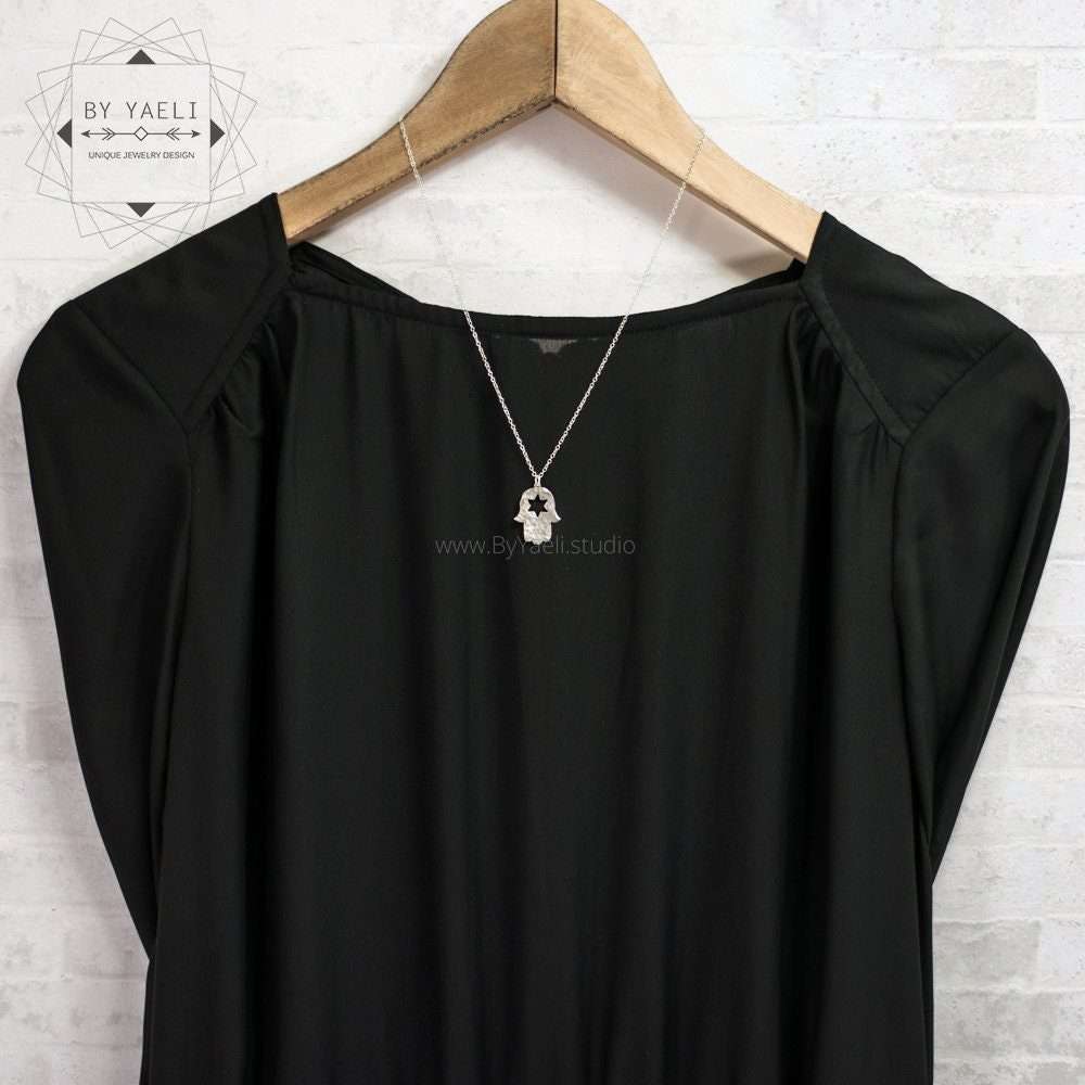 Hamsa necklace, silver magen david Jewish jewelry, good luck charm