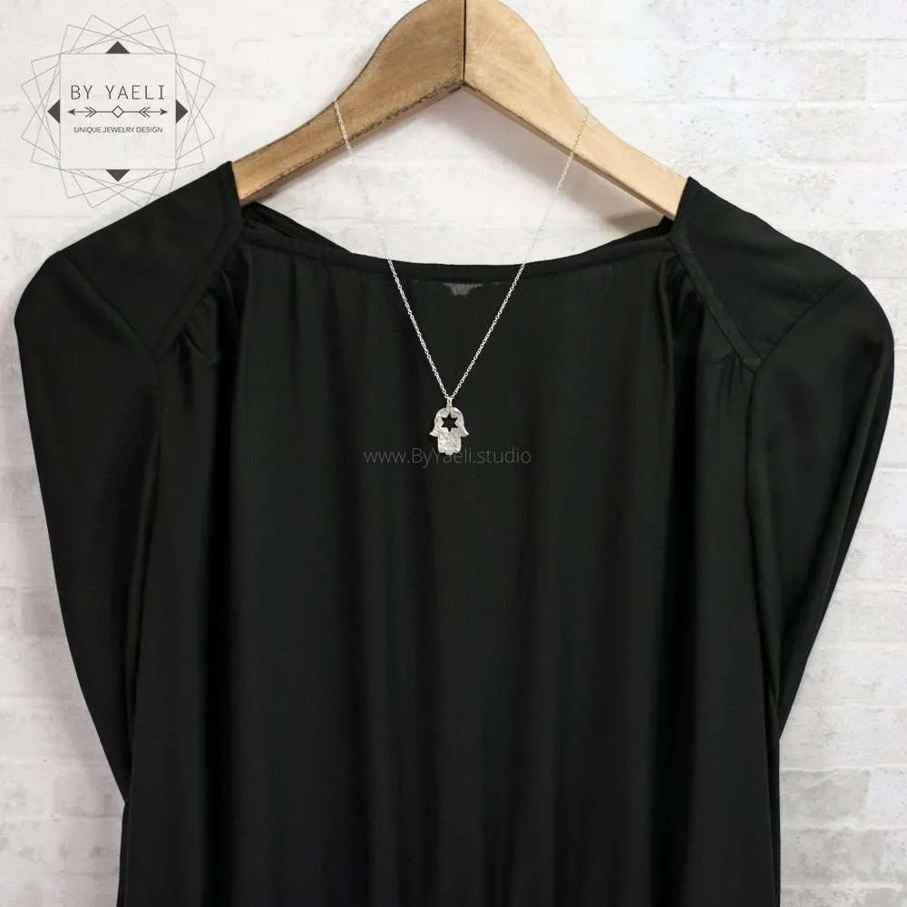 Hamsa necklace, silver magen david Jewish jewelry, good luck charm