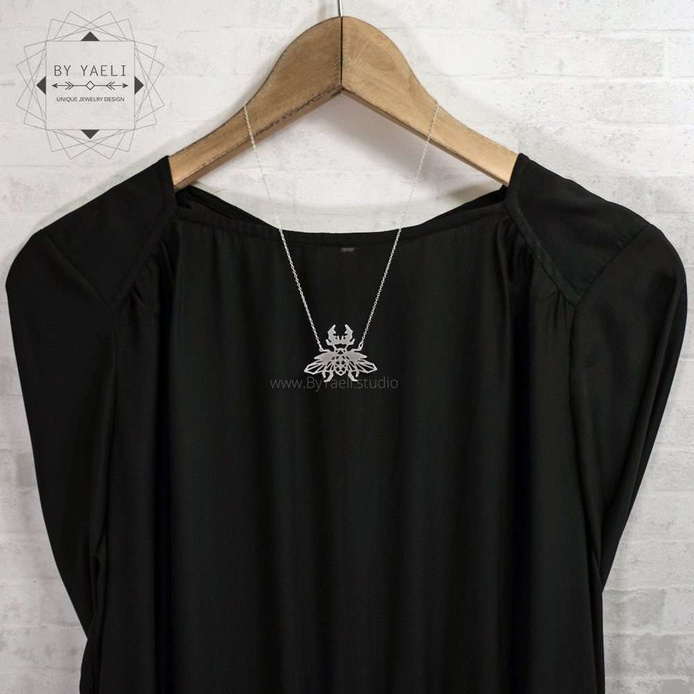 Beetle necklace geometric insect jewelry silver origami beetle pendant insect necklace