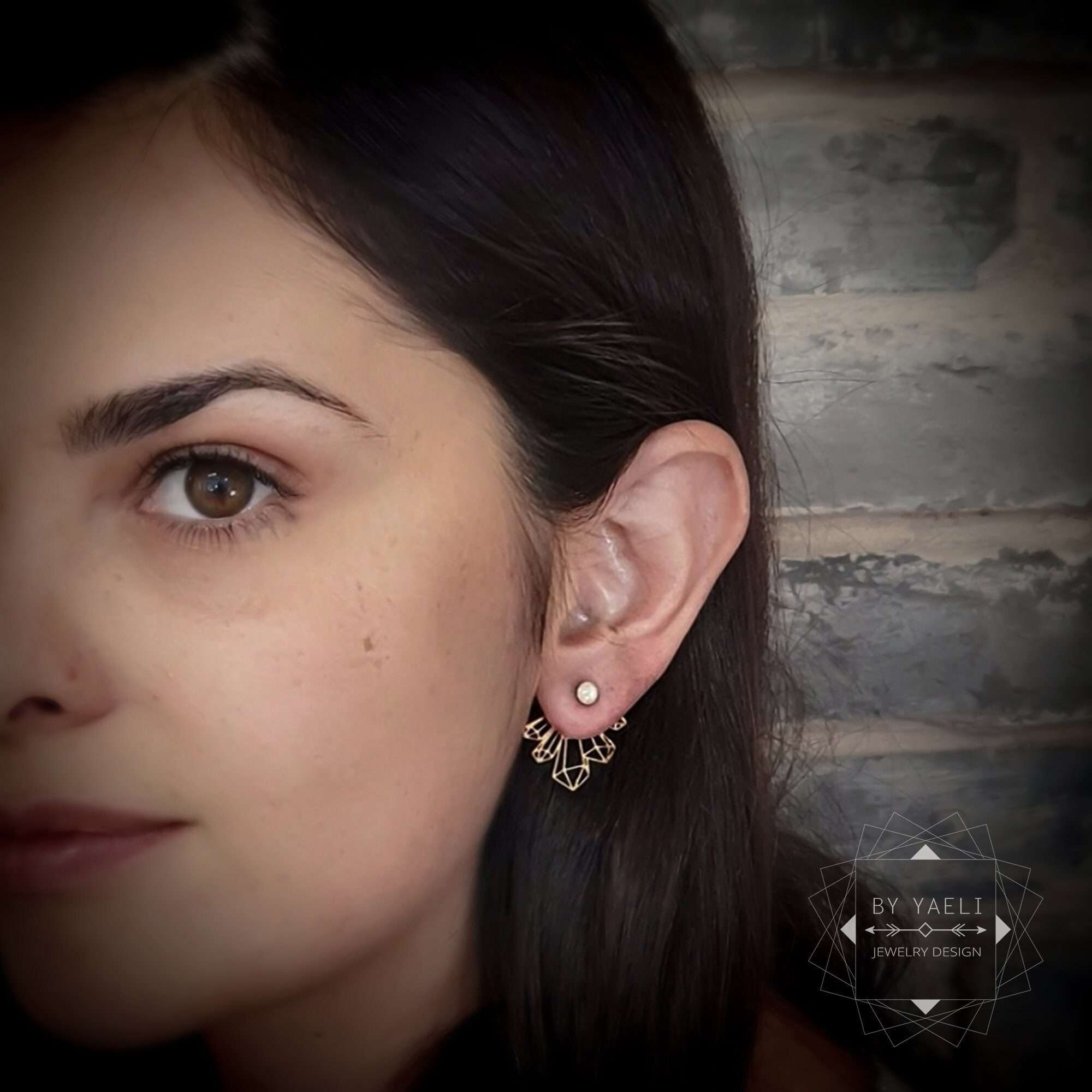 Ear jacket geometric earrings, gold stud earrings. 3 Ear jacket geometric earrings, gold stud earrings. - Image 3