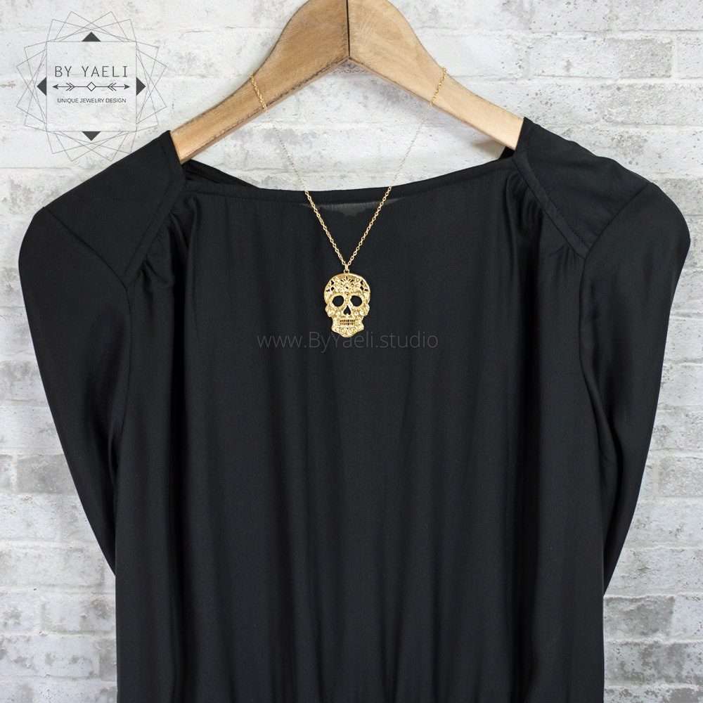 Sugar skull necklace day of the dead necklace gold skull pendant Gothic jewelry