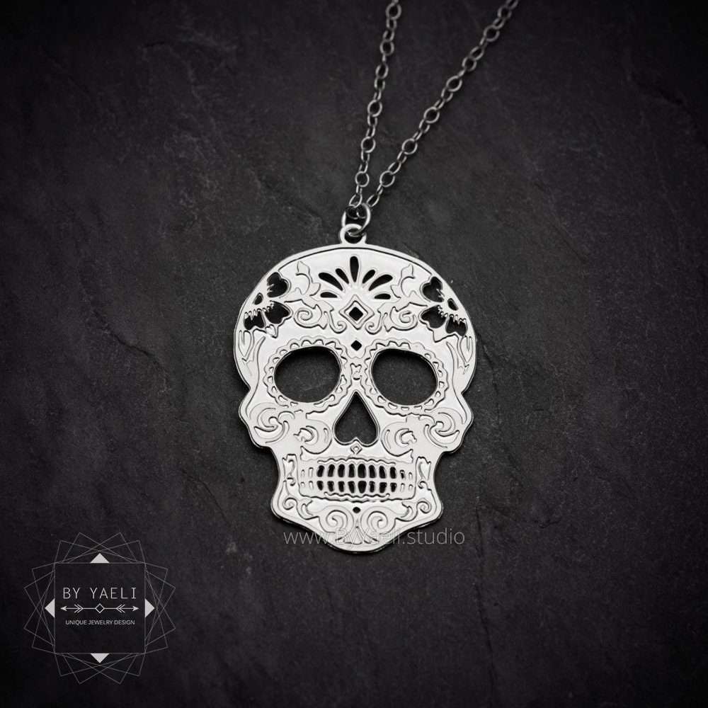 Sugar skull necklace day of the dead necklace silver skull pendant Gothic jewelry
