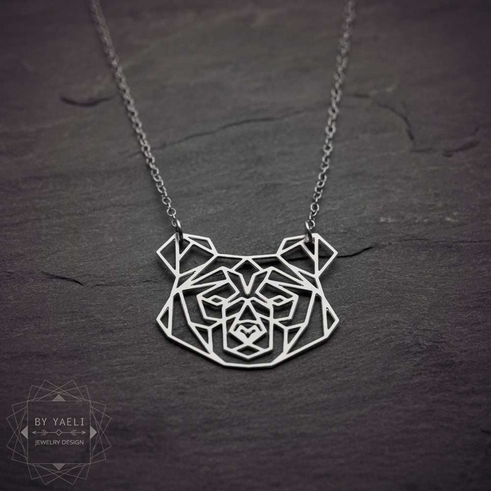 Bear necklace silver mama bear pendant origami bear gift for mom 3 bear necklace a silver necklace with a bear head on it