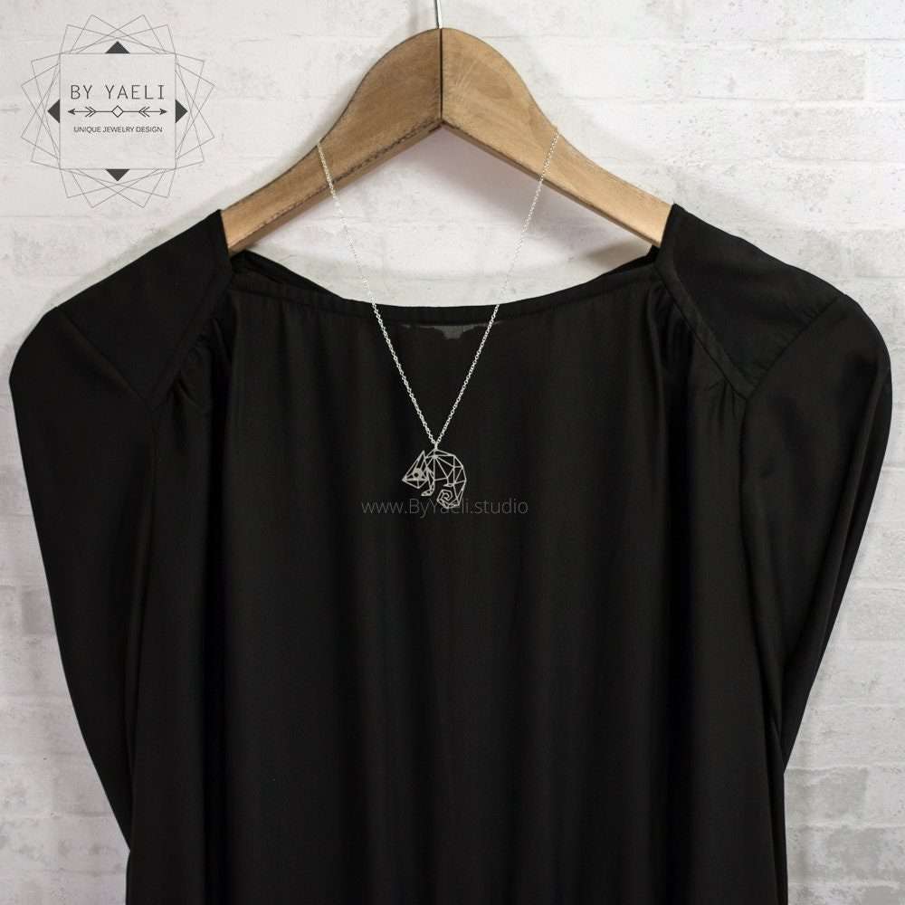 Chameleon necklace lizard pendant charm silver geometric origami lizard necklace