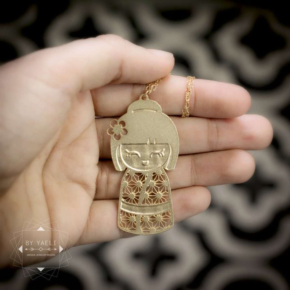 Kokeshi necklace statement Japanese necklace Japanese jewelry gold Kokeshi pendant