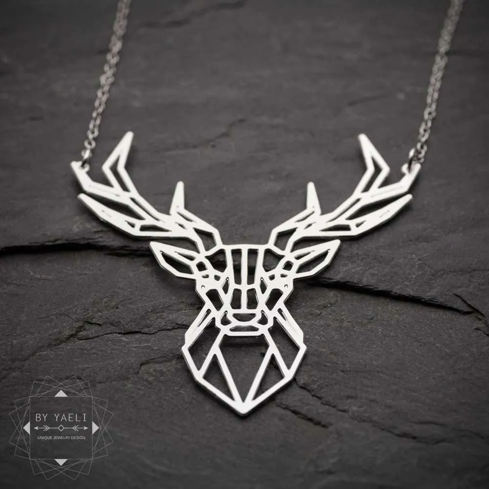 Deer necklace silver deer pendant origami deer antler necklace geometric deer jewelry
