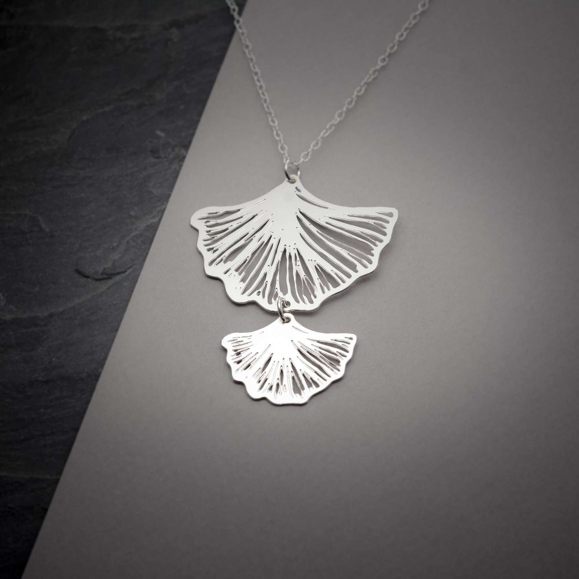 Ginkgo leaf necklace, silver long Ginkgo necklace ,botanical jewelry