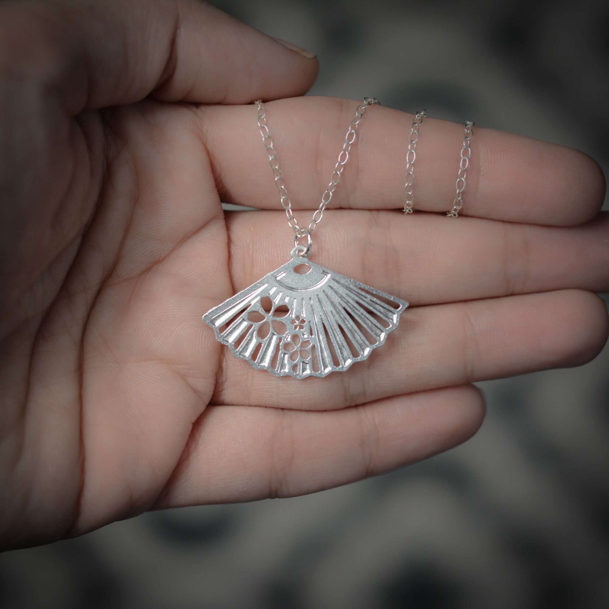 Fan necklace fan charm Japanese fan necklace silver fan pendant