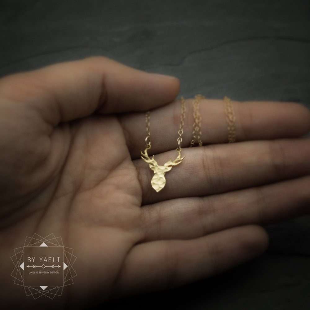 Deer necklace gold tiny deer antler necklace tiny deer charm