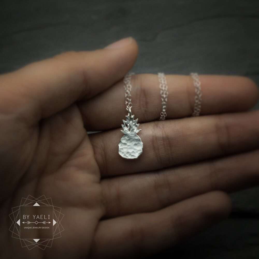 Pineapple necklace, silver dainty hammered or smooth pineapple charm