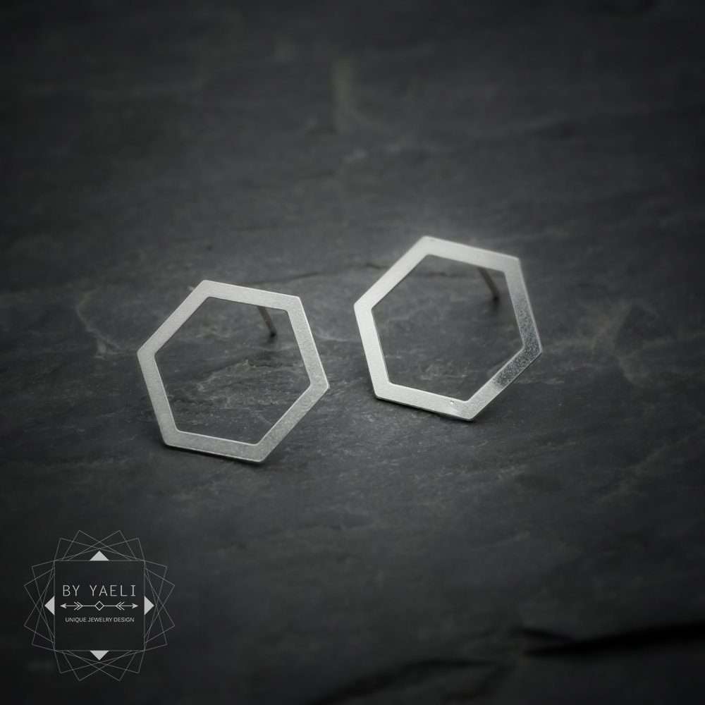 Geometric earrings dainty hexagon stud earrings silver minimalist earrings