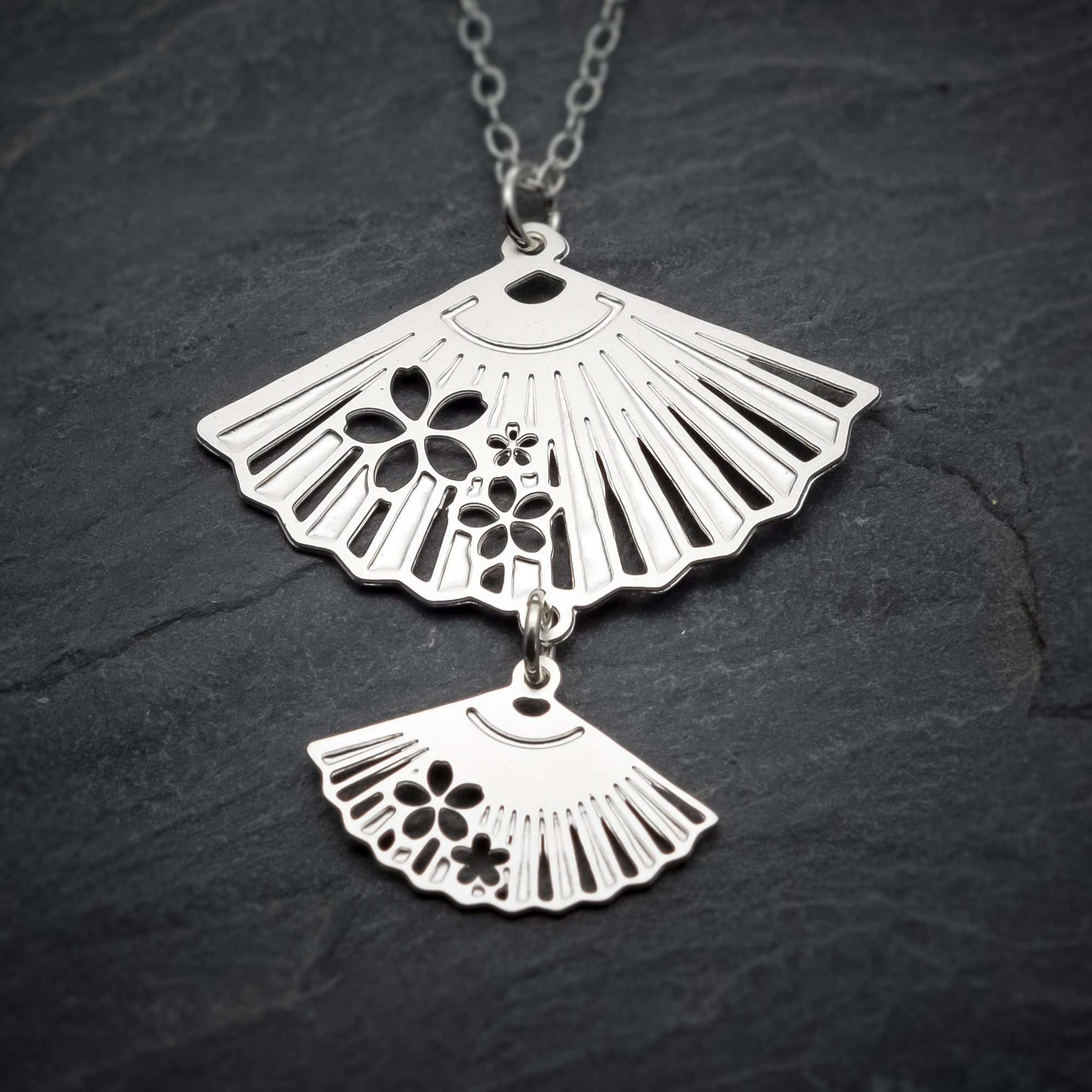 Fan necklace Japanese fan pendant fan charm silver fan necklace