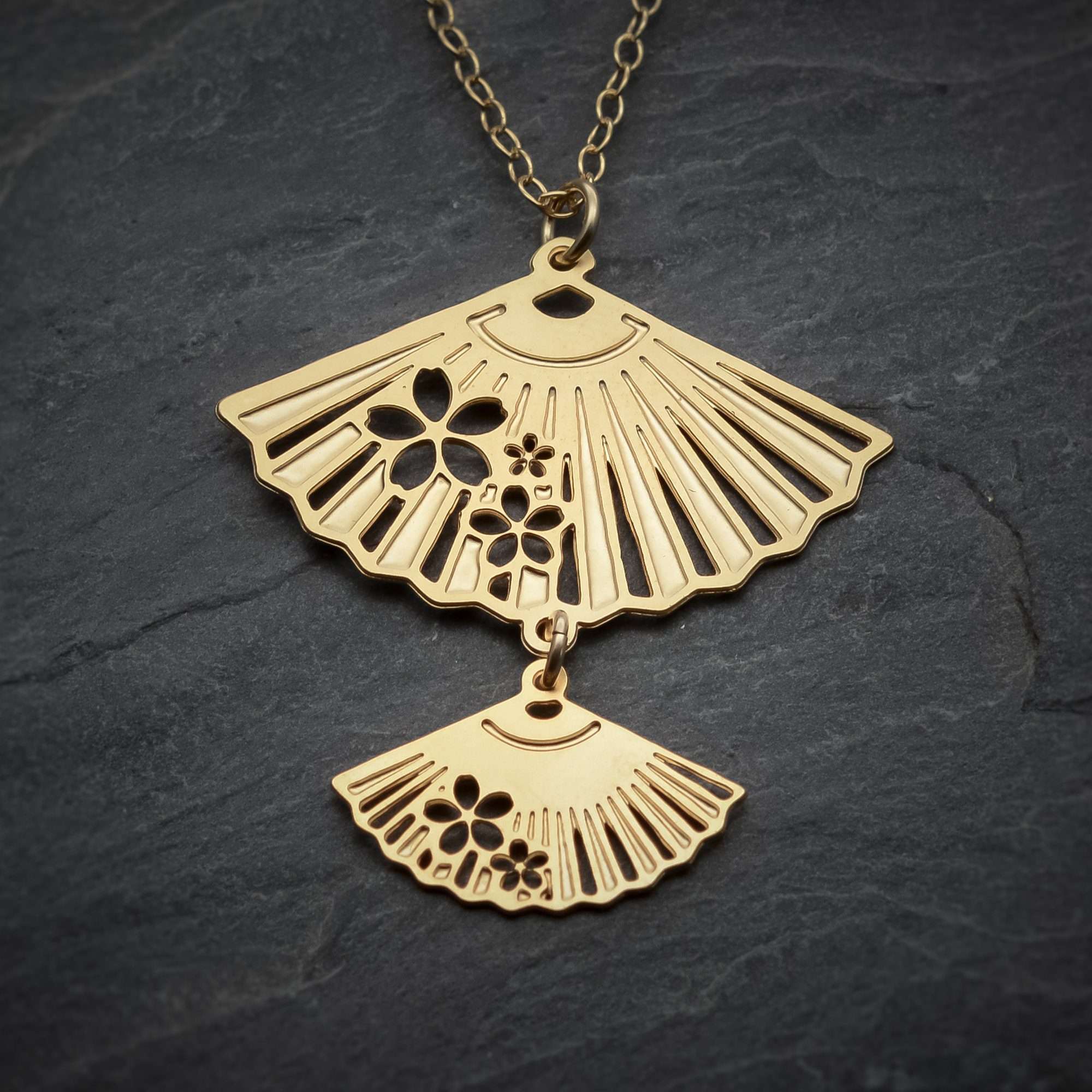 Fan necklace gold Japanese fan charm gold fan pendant