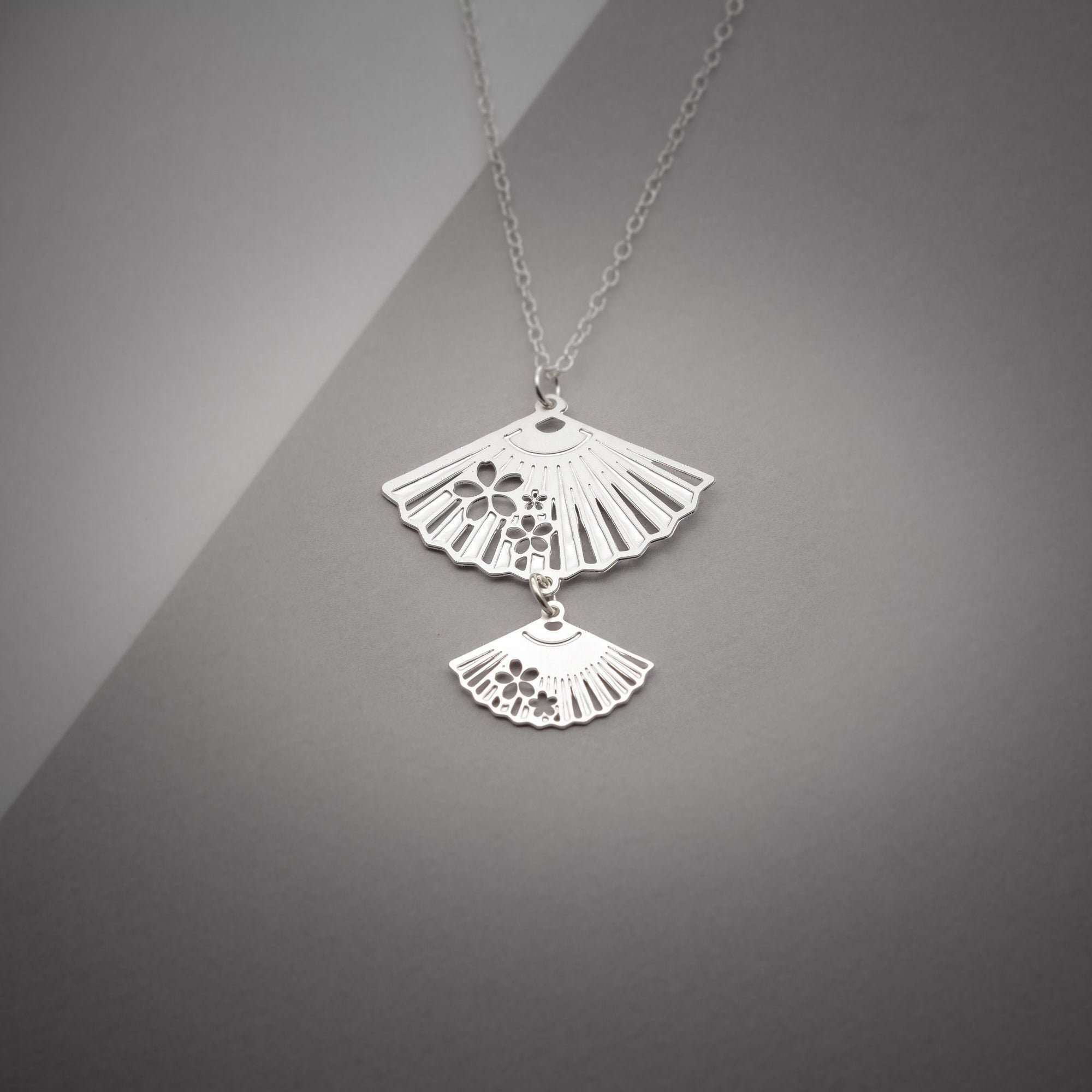 Fan necklace Japanese fan pendant fan charm silver fan necklace