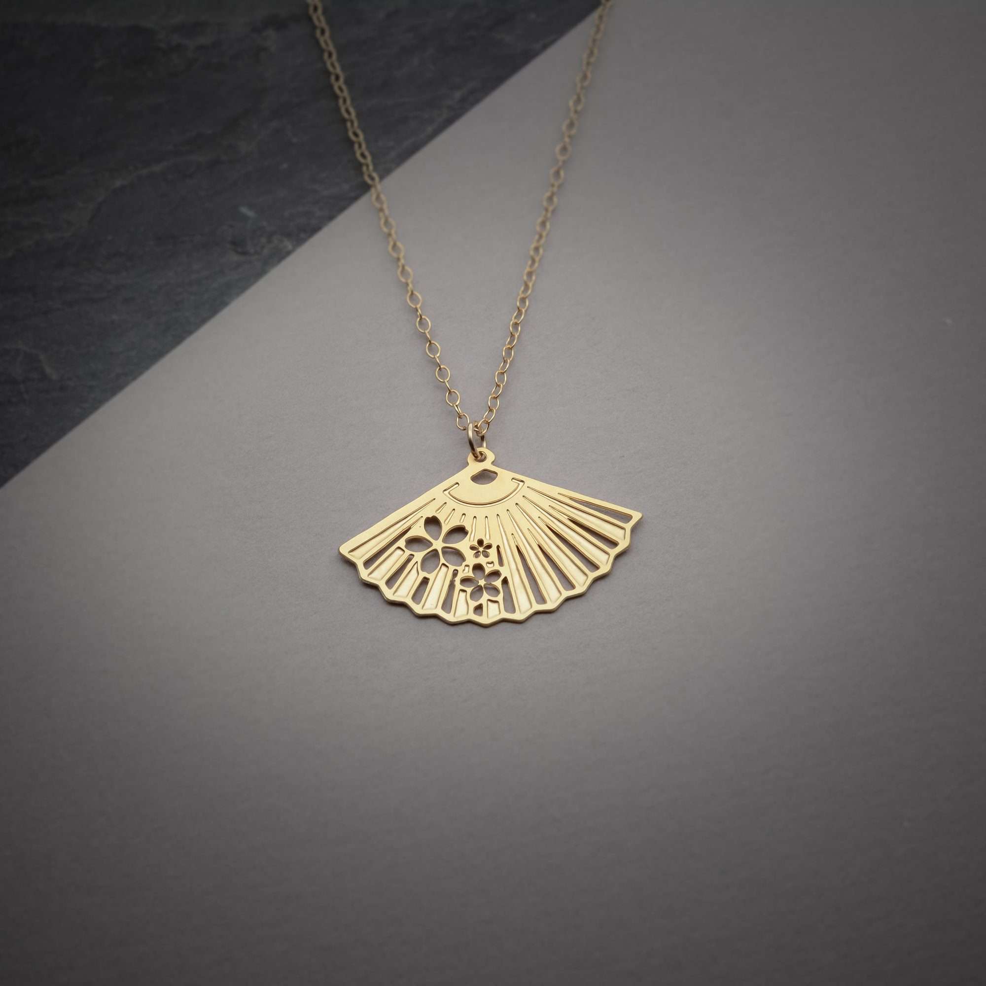 Fan necklace gold fan pendant Japanese fan charm