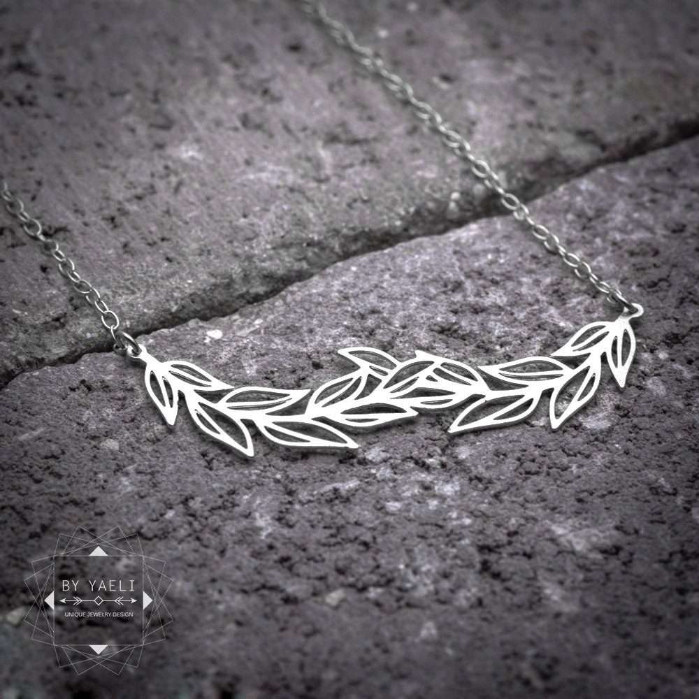 Leaf necklace, branch necklace, silver olive leaves necklace
