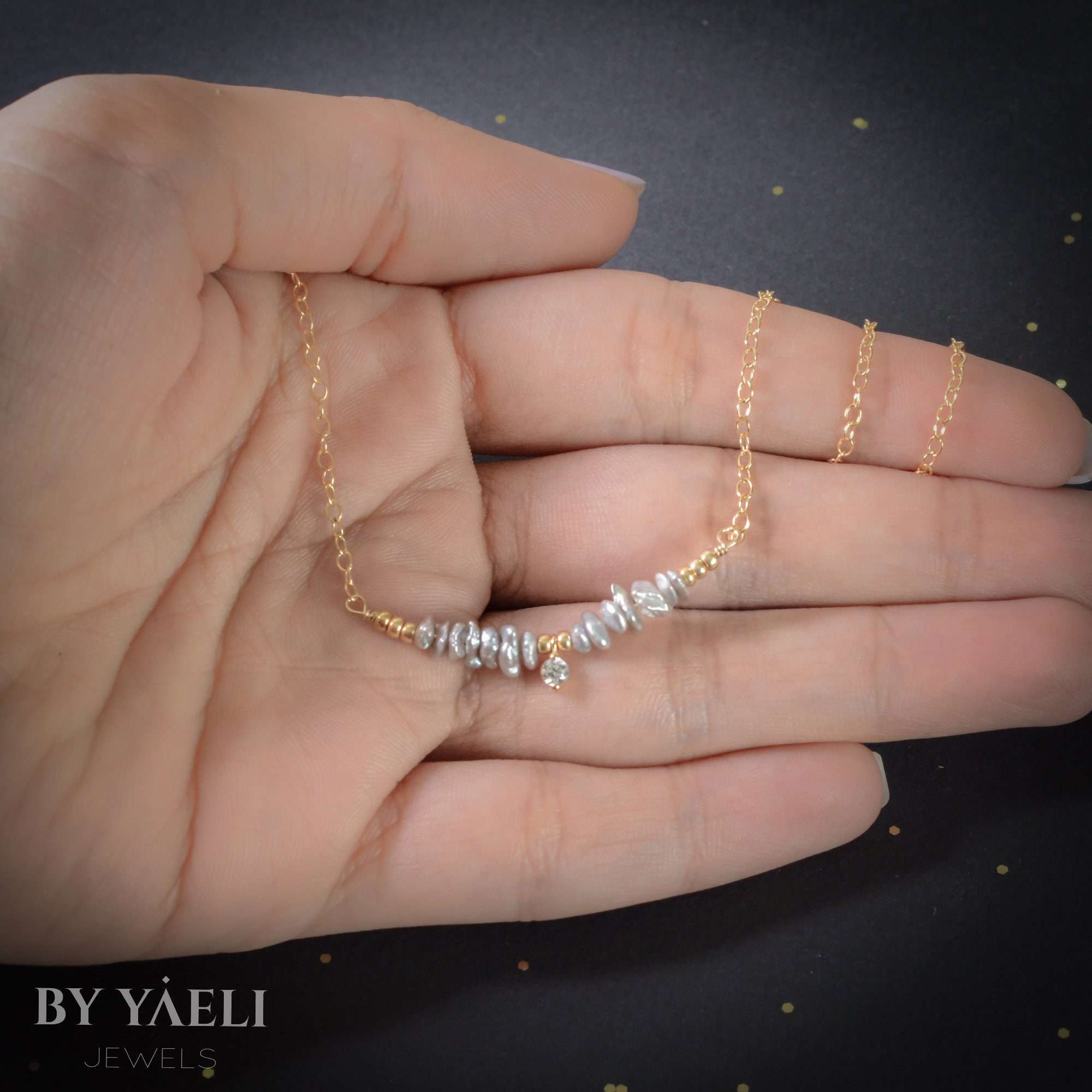 Pearl necklace, gray pearls and zircon necklace June necklace