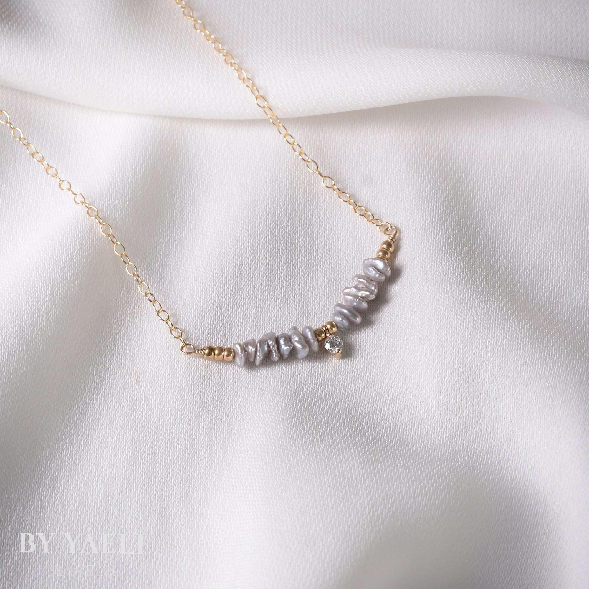 Pearl necklace, gray pearls and zircon necklace June necklace