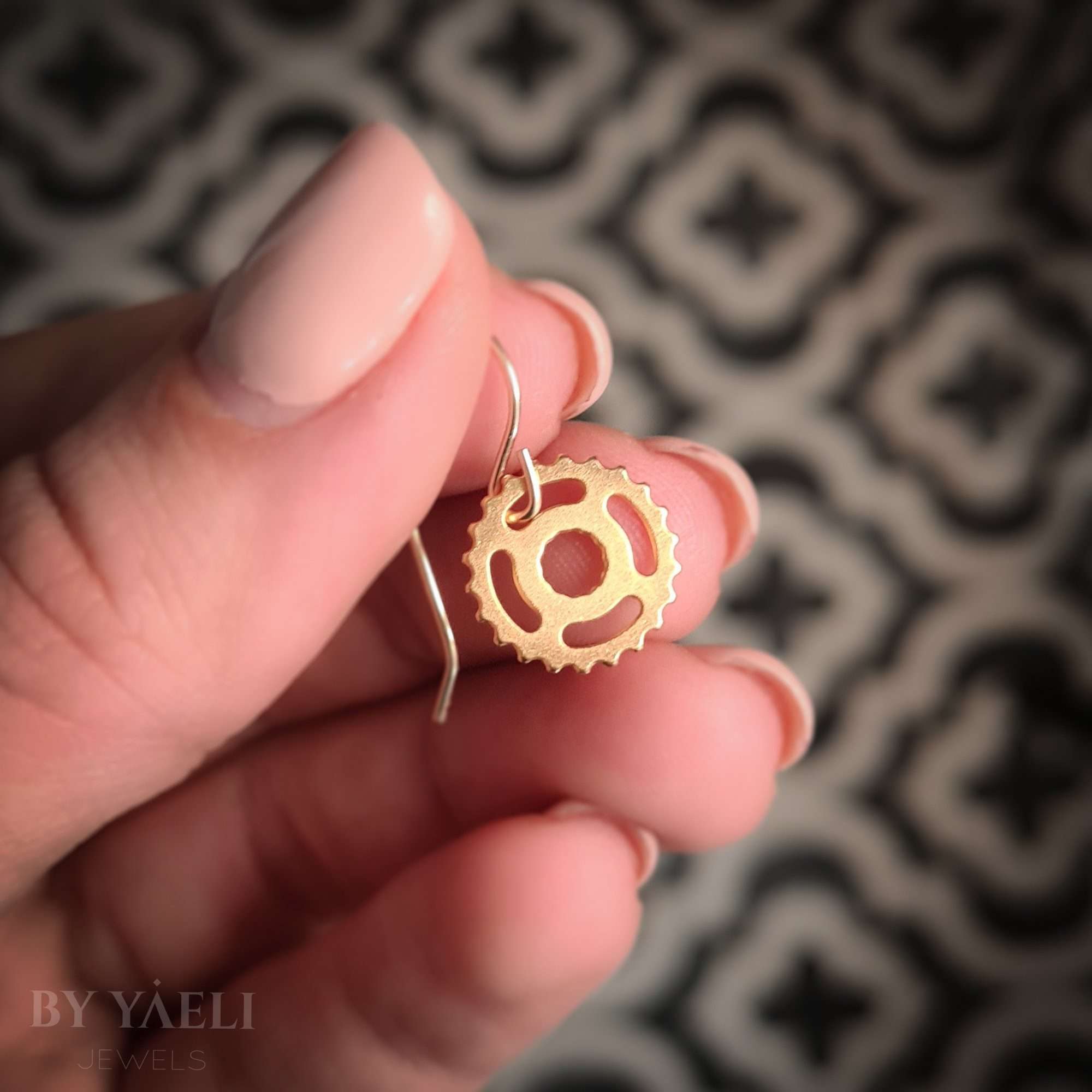 Gear earrings, gold gear dangle earrings bicycle earrings