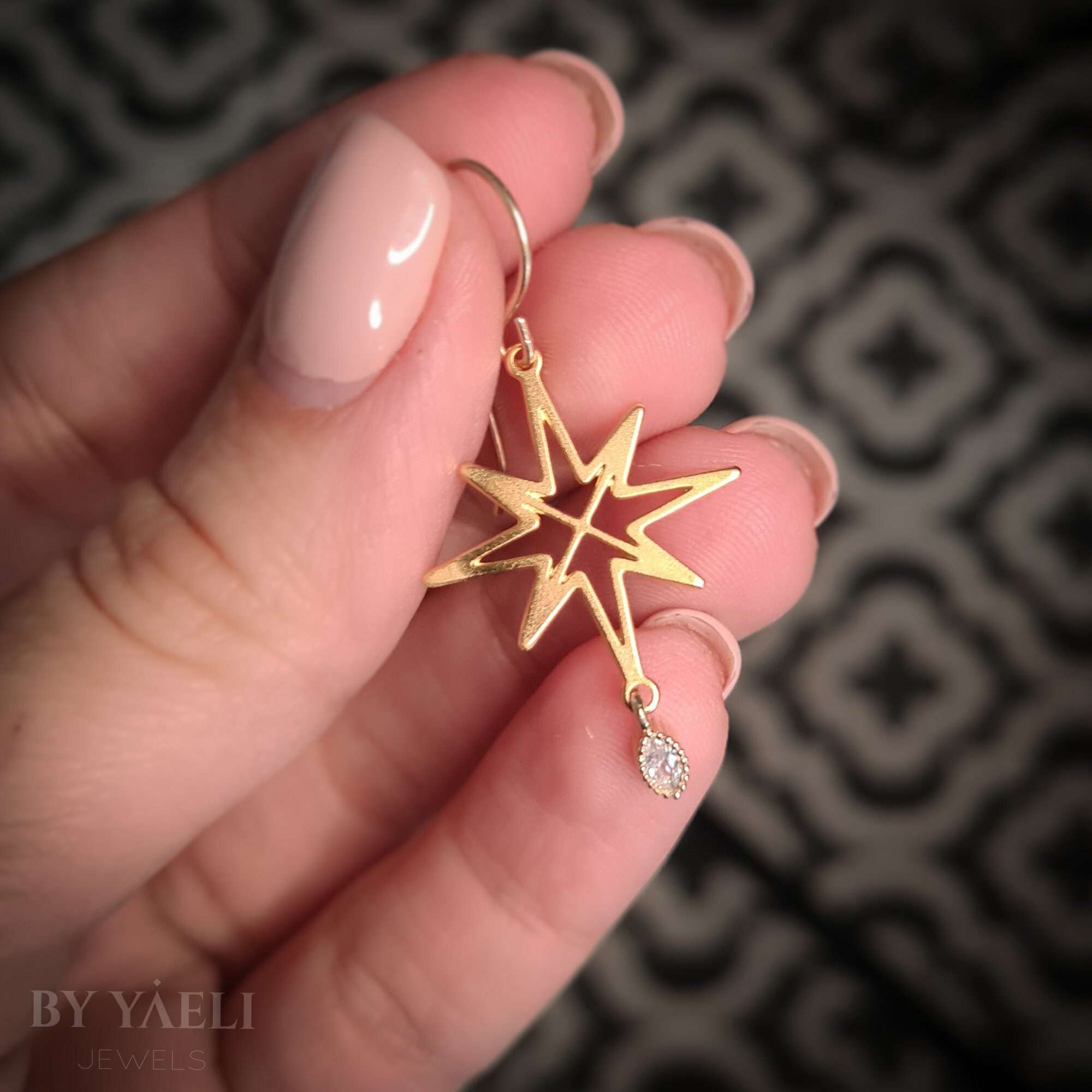 North Star earrings, gold celestial dangle earrings with zircon