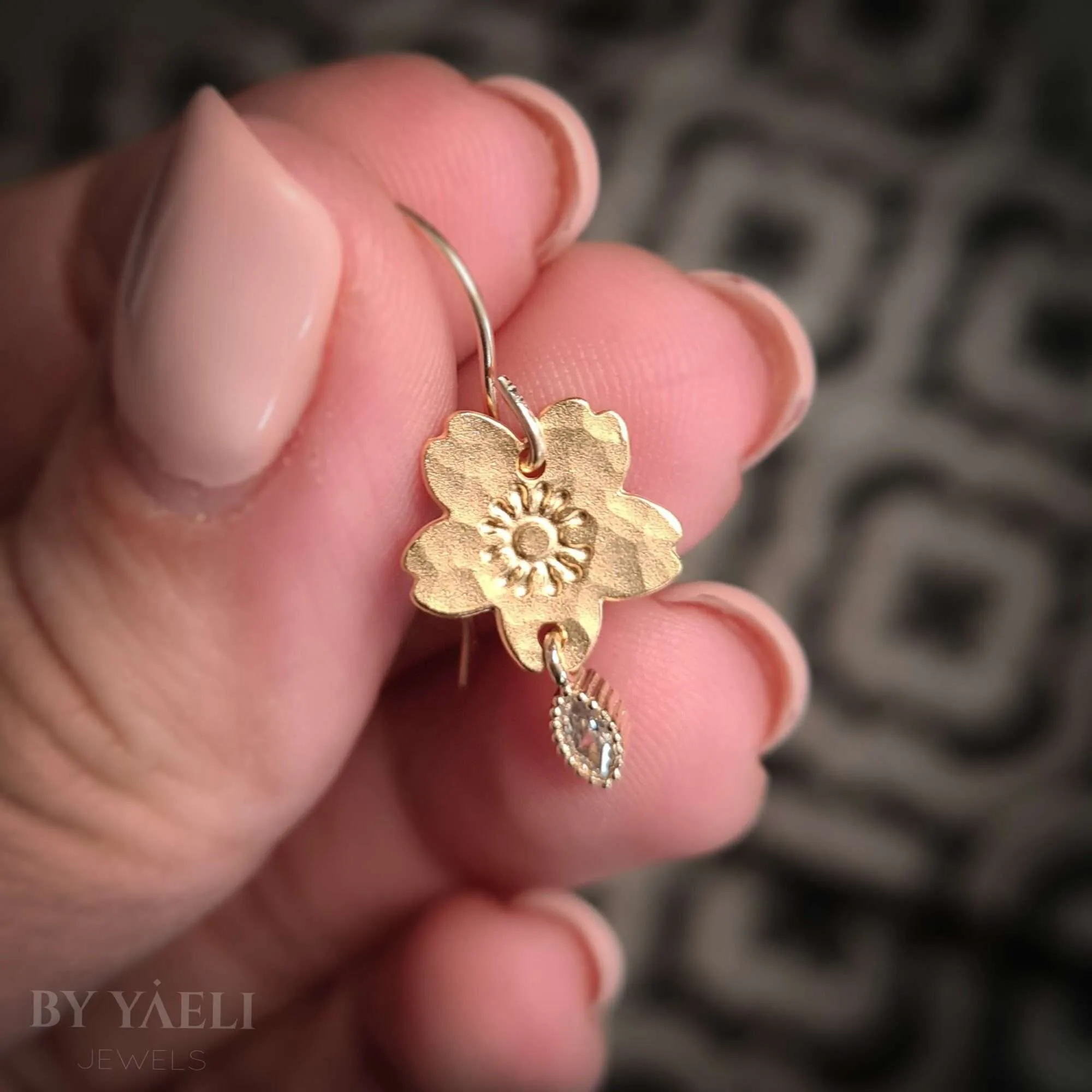 Sakura earrings, gold sakura flower with zircon dangle earrings - Image 4