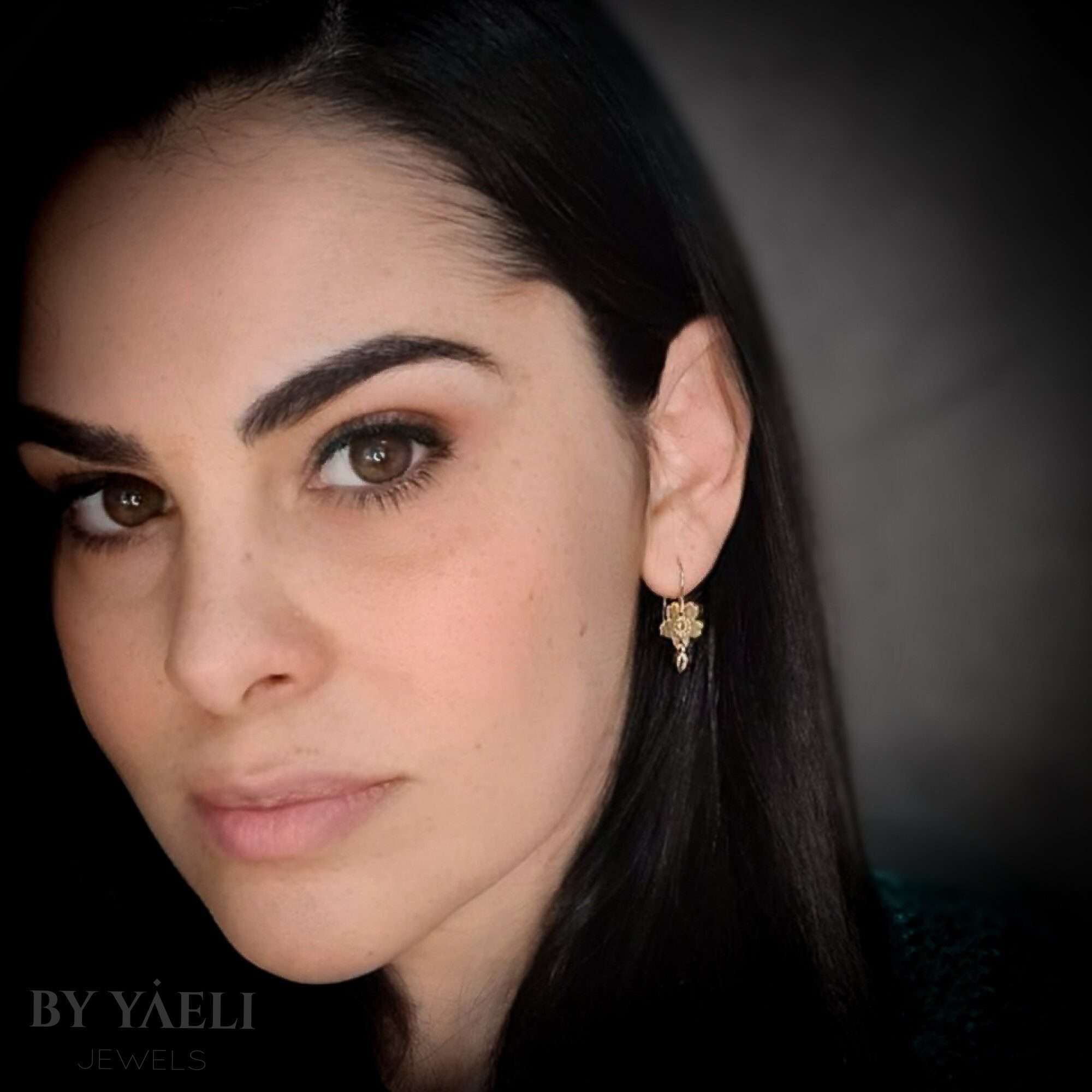 Sakura earrings, gold sakura flower with zircon dangle earrings