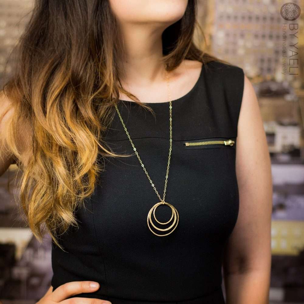 Circles necklace geometric necklace triple gold circles long necklace gift for her