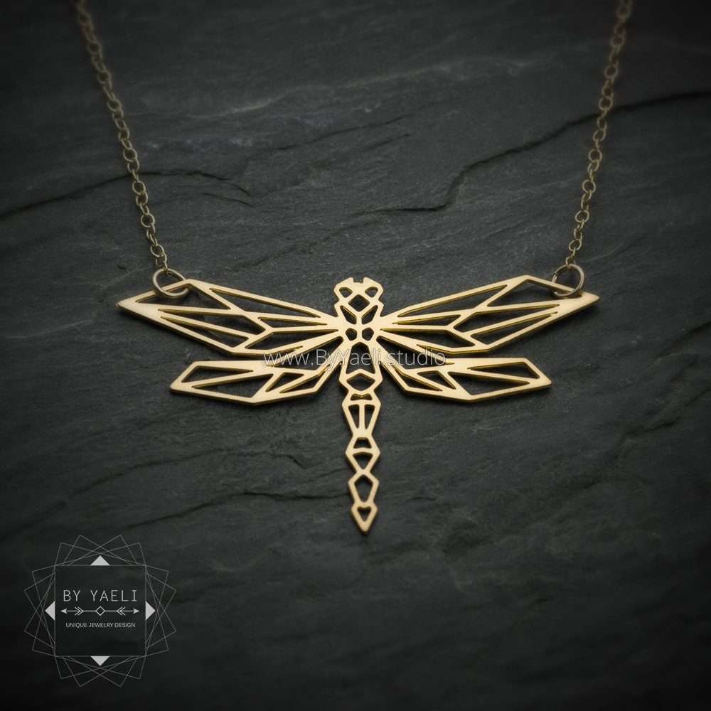 Dragonfly necklace gold dragonfly pendant geometric origami necklace