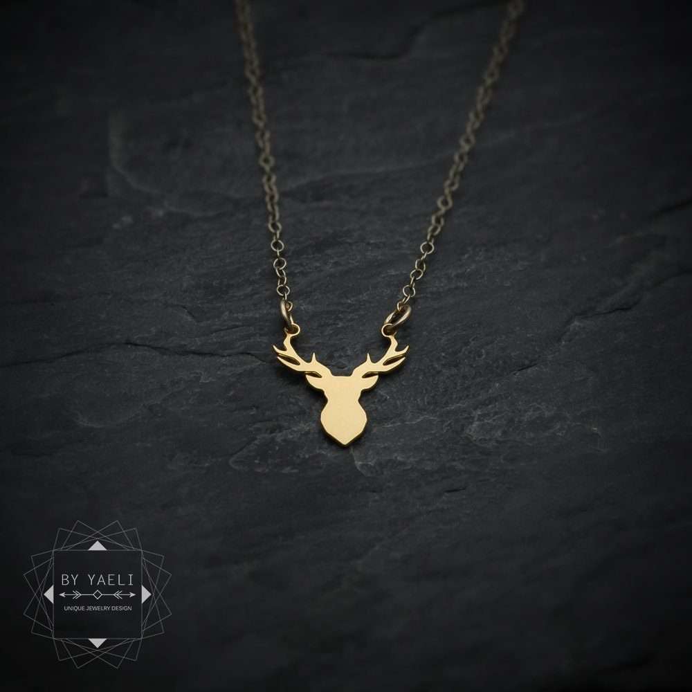 Deer necklace gold tiny deer antler necklace tiny deer charm