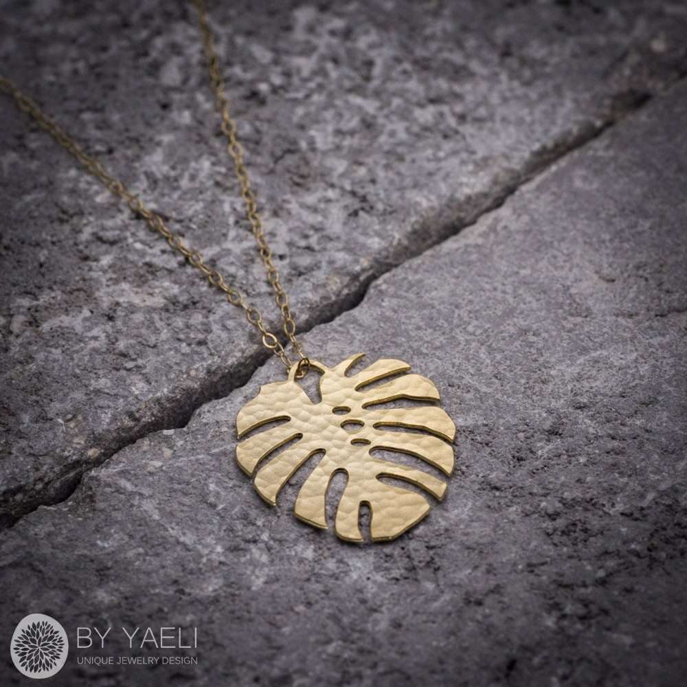 Leaf necklace nature jewelry gold Monstera necklace tropical necklace