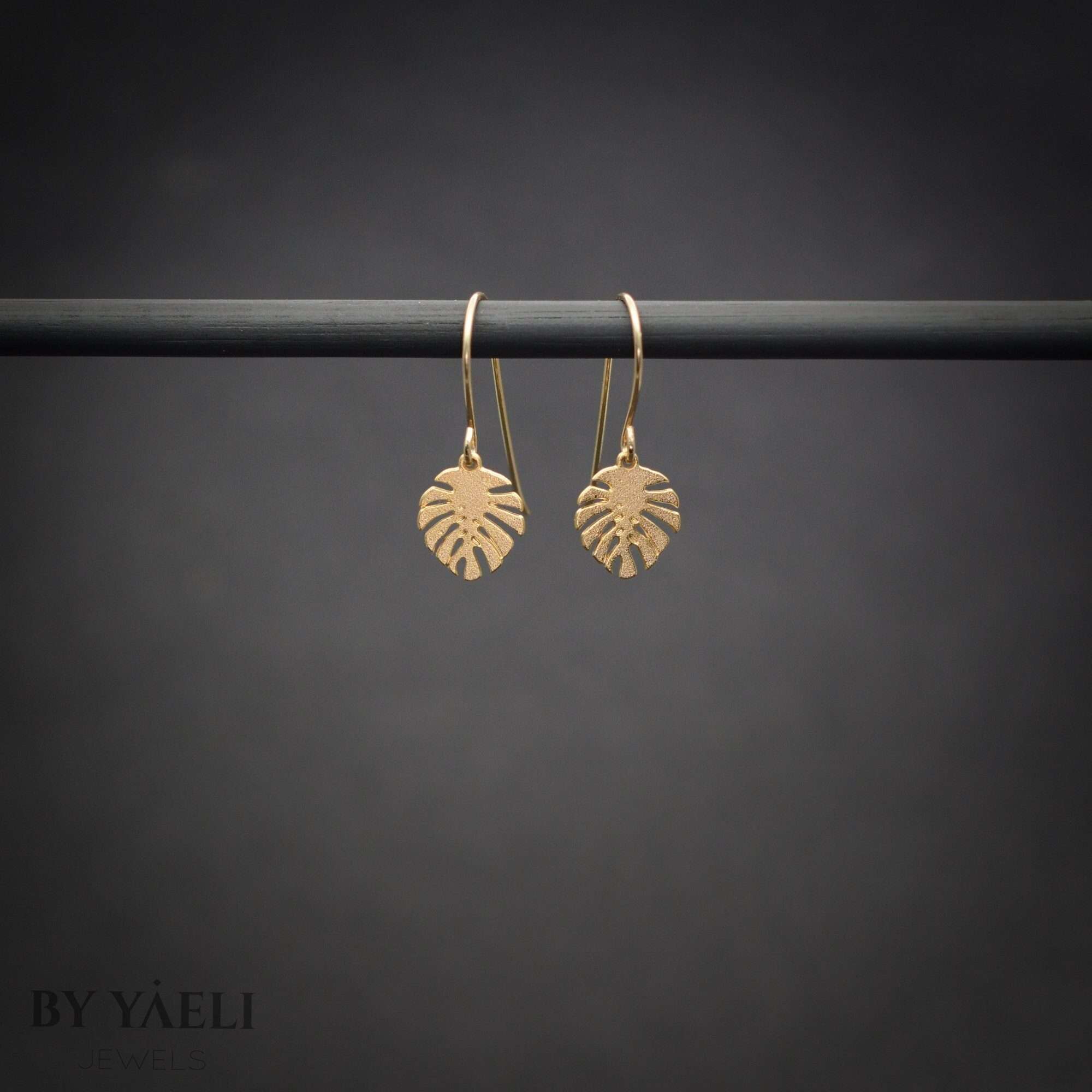 Monstera earrings, gold dangle leaf earrings tropical jewelry