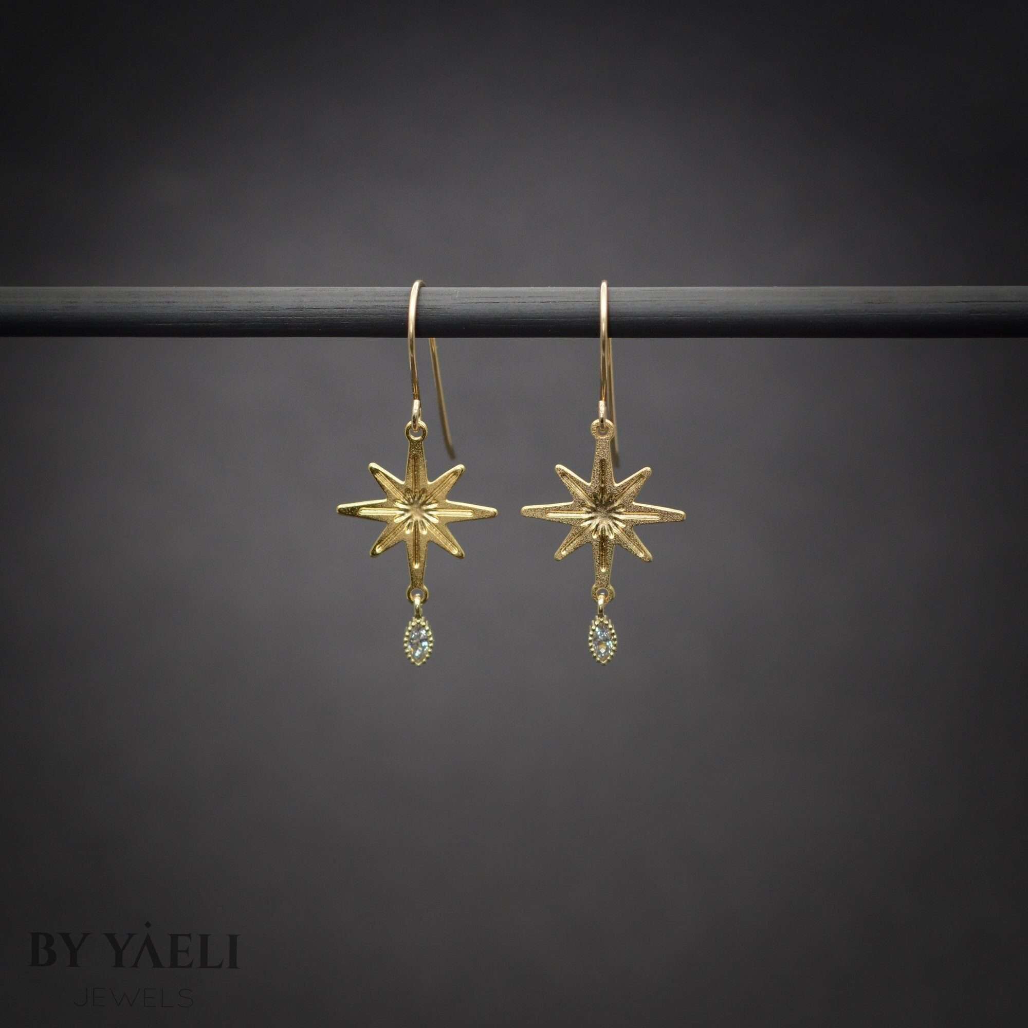 Star earrings, north star earrings, gold celestial dangle earrings with zircon