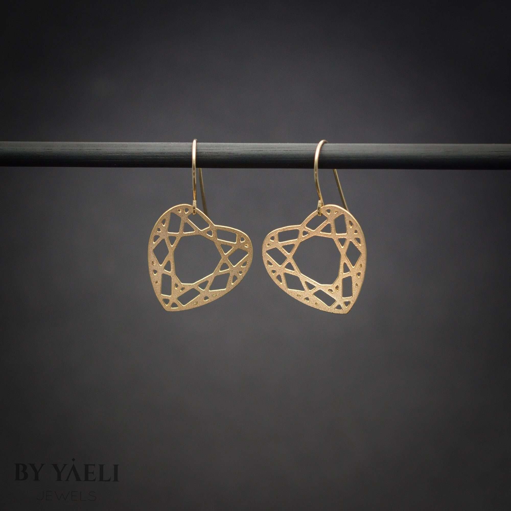 Gold heart earrings, diamond shape dangle earrings