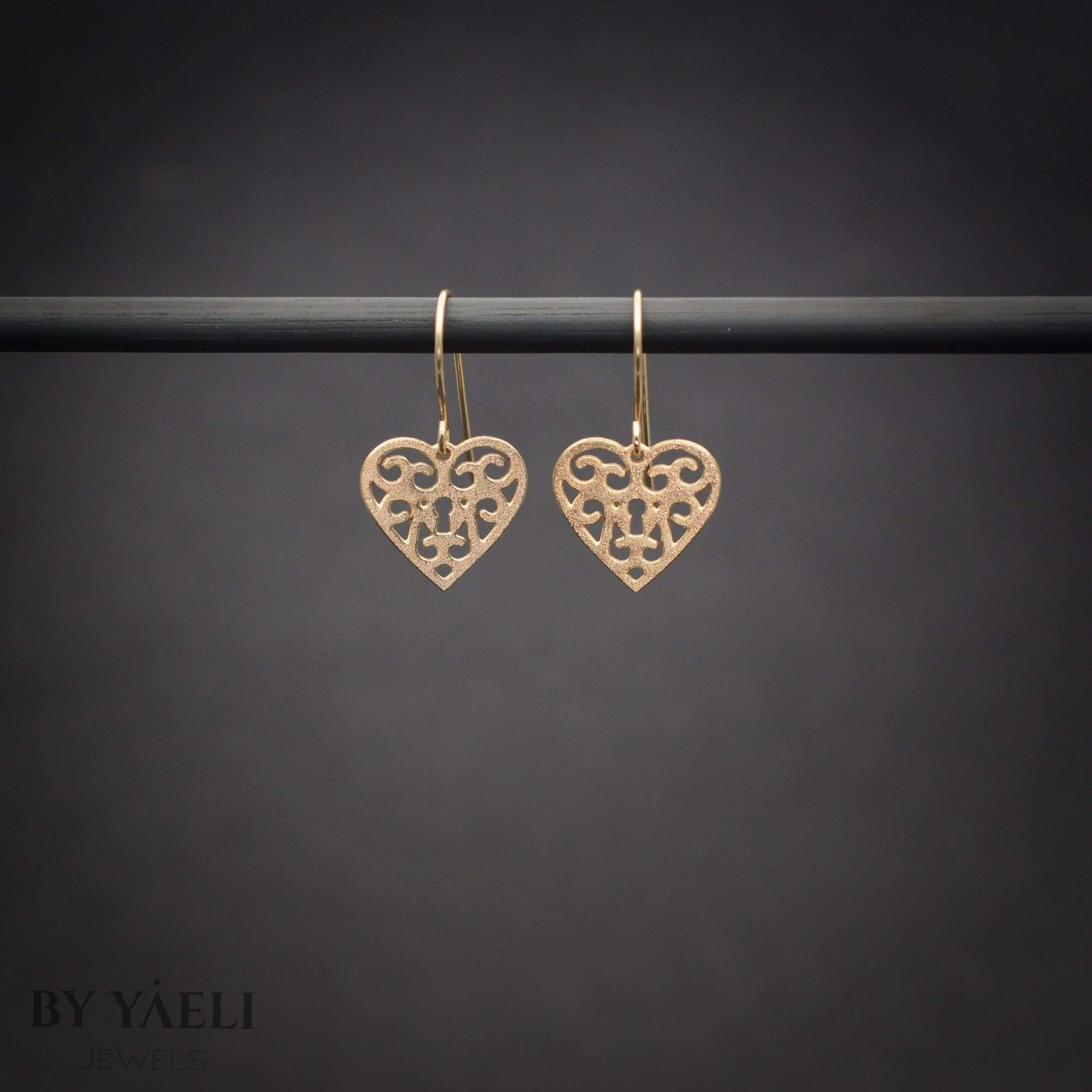 Heart earrings, gold heart lock dangle earrings