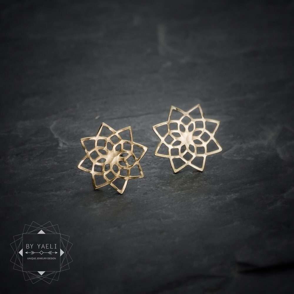 Sacred earrings sacred geometry post earrings geometric mandala earrings gold lotus stud earrings