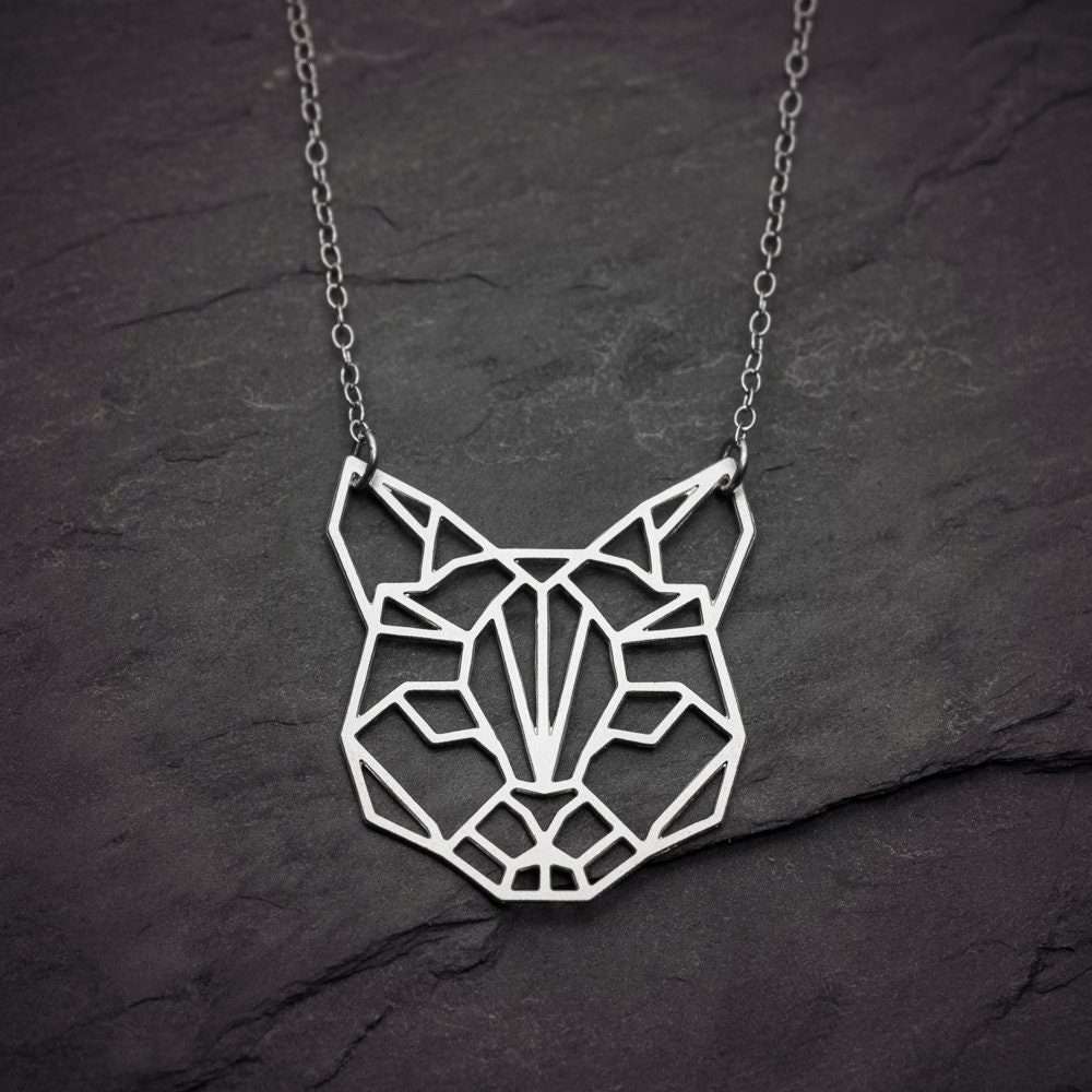 Cat necklace, silver cat pendant cat jewelry origami cat