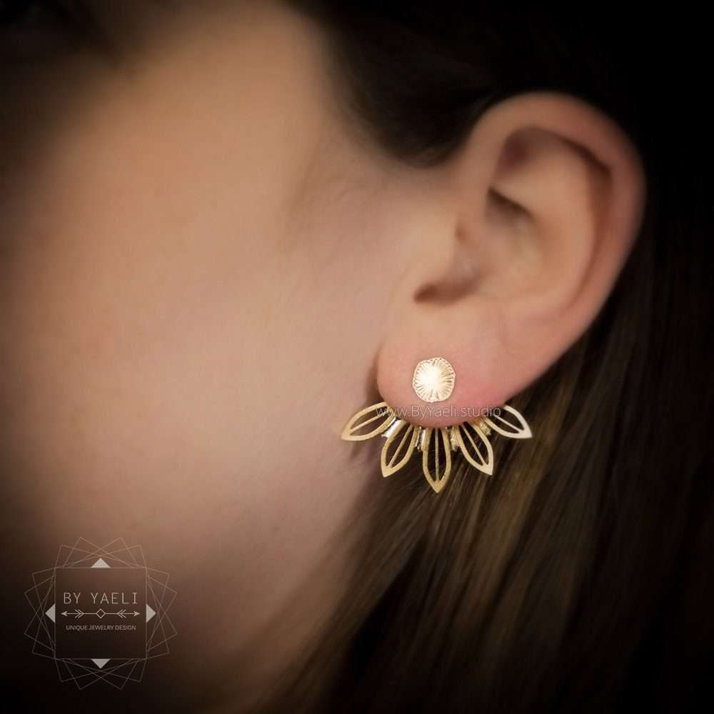 Home 18 Ear jacket, flower earrings botanical gold floral leaf earring jackets