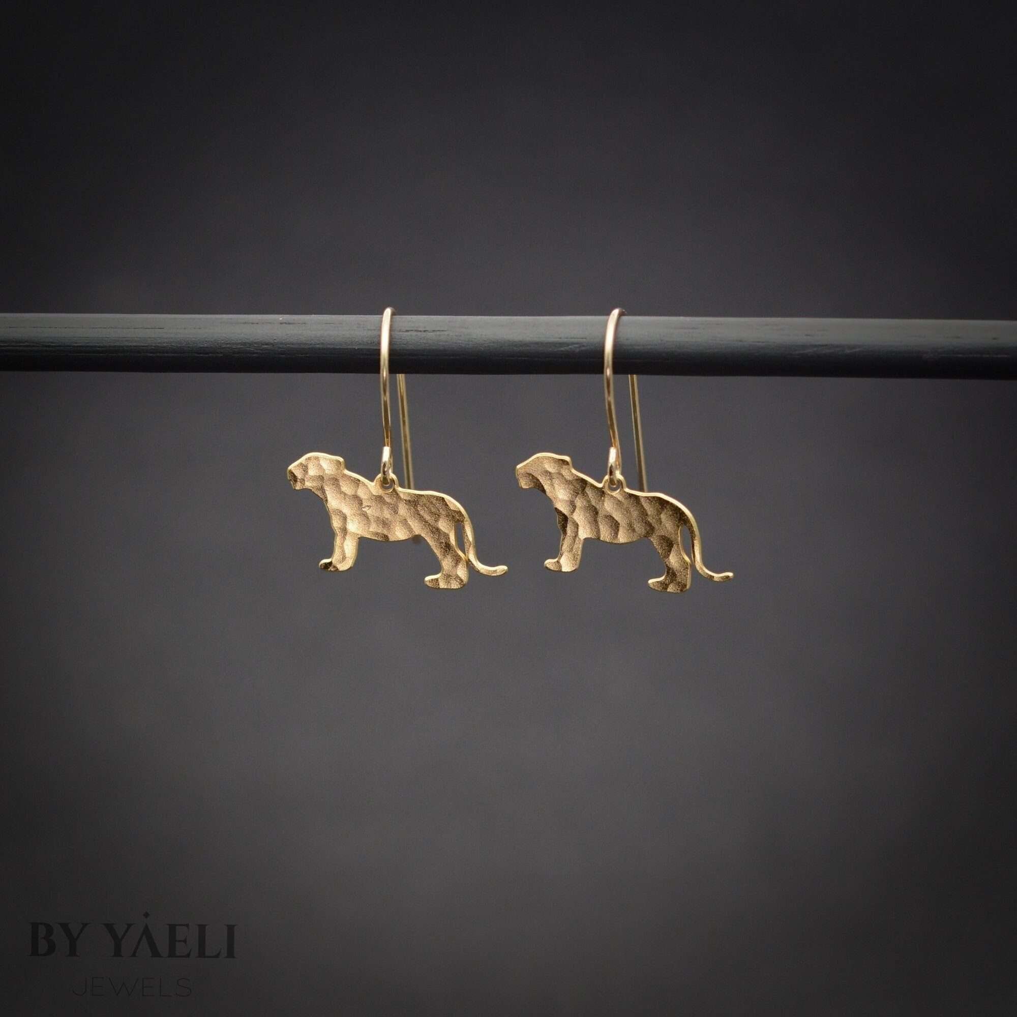 lioness earrings, gold lioness dangle earrings