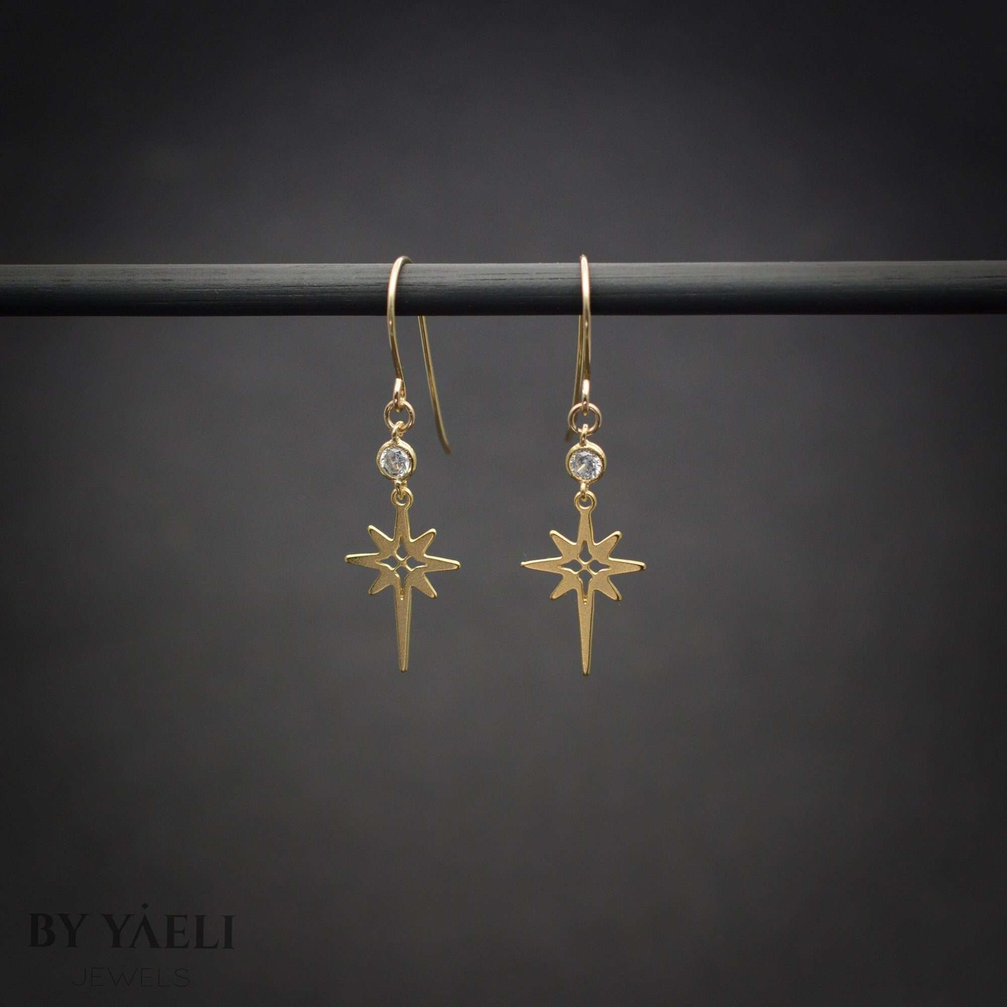 North Star earrings,  zircon dangle earrings, gold celestial dangle earrings