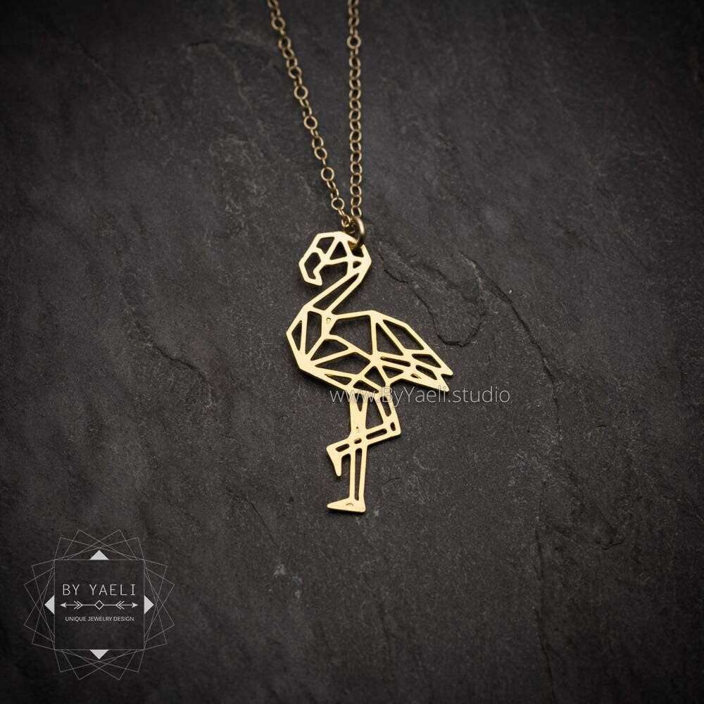 Gold flamingo necklace, flamingo charm geometric tropical jewelry